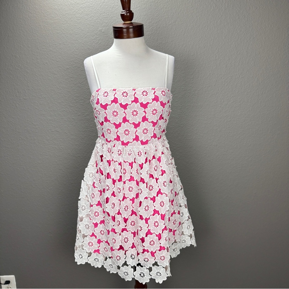 Ultramarine Pink white Crochet Detail Floral Dress Sz S Boho Kentucky Derby - Picture 10 of 10